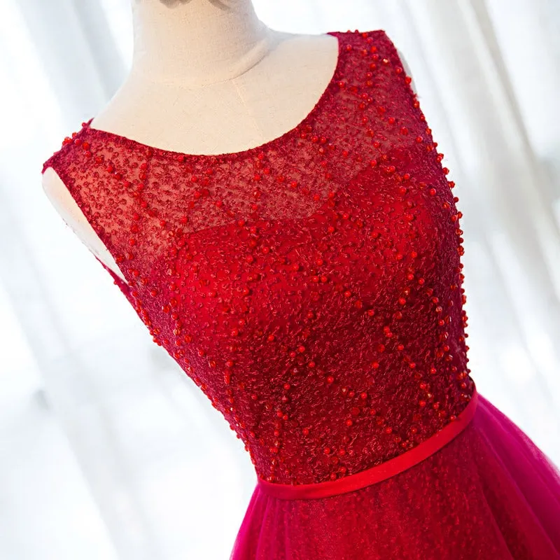 Wine Red Tulle Beaded Long Party Gowns, Handmade Formal Gowns, Prom Dresses