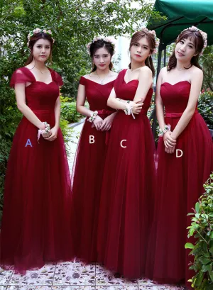 Wine Red Tulle Mismatch Long A-line Prom Dresses, Dark Red Formal Dress Evening Dresses