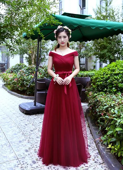 Wine Red Tulle Mismatch Long A-line Prom Dresses, Dark Red Formal Dress Evening Dresses