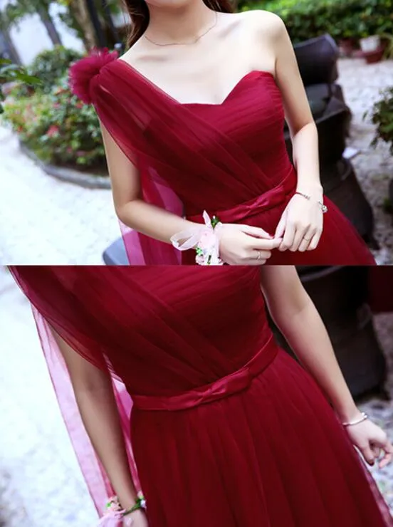 Wine Red Tulle Mismatch Long A-line Prom Dresses, Dark Red Formal Dress Evening Dresses