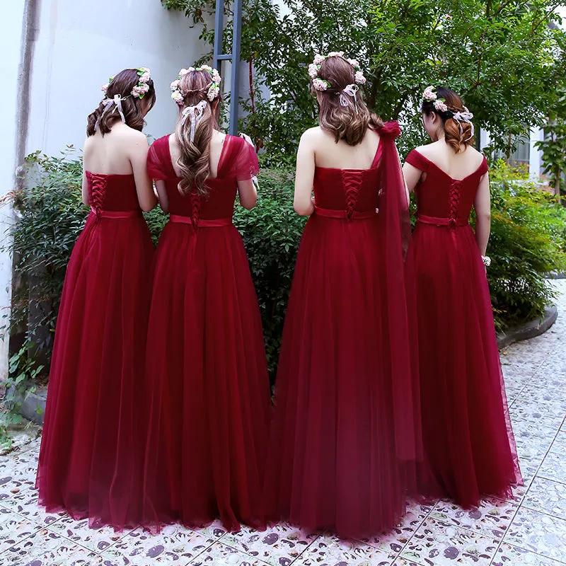 Wine Red Tulle Mismatch Long A-line Prom Dresses, Dark Red Formal Dress Evening Dresses