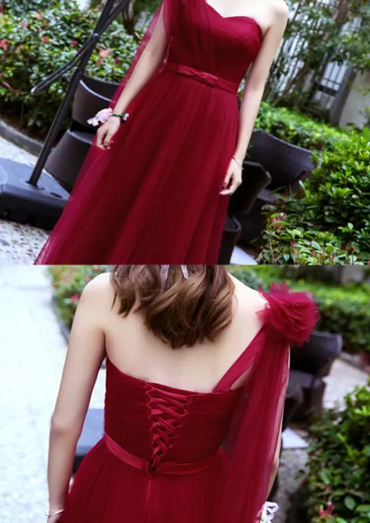 Wine Red Tulle Mismatch Long A-line Prom Dresses, Dark Red Formal Dress Evening Dresses