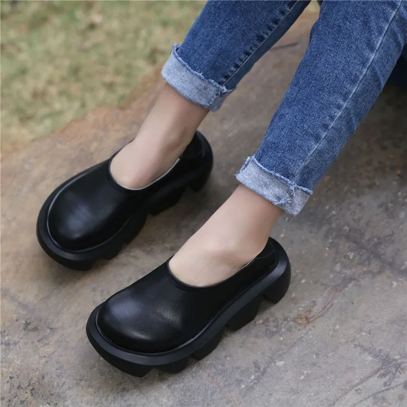 Women Leather Loafers Pump Low Heel Chunky Shoes Spring Black Casual Genuine Leather Lazy Shoe For Women Pumps Slip On Handmade