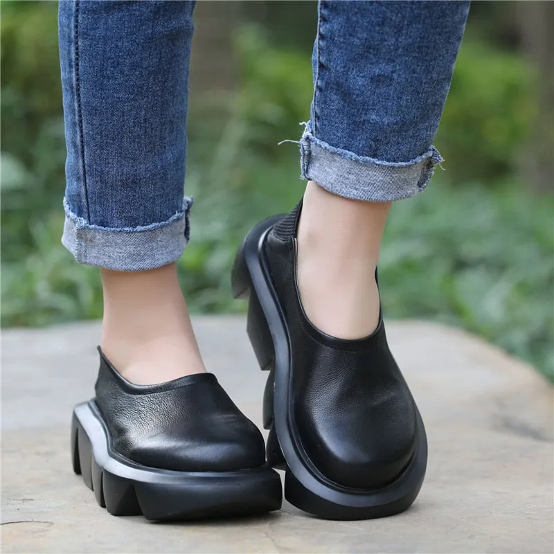Women Leather Loafers Pump Low Heel Chunky Shoes Spring Black Casual Genuine Leather Lazy Shoe For Women Pumps Slip On Handmade