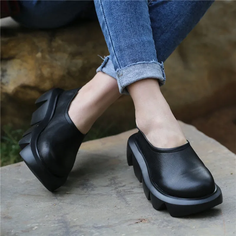 Women Leather Loafers Pump Low Heel Chunky Shoes Spring Black Casual Genuine Leather Lazy Shoe For Women Pumps Slip On Handmade