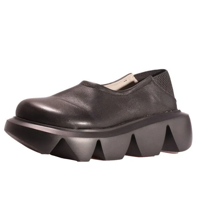 Women Leather Loafers Pump Low Heel Chunky Shoes Spring Black Casual Genuine Leather Lazy Shoe For Women Pumps Slip On Handmade