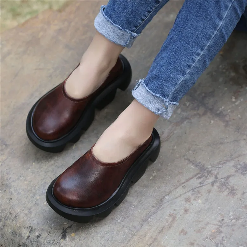 Women Leather Loafers Pump Low Heel Chunky Shoes Spring Black Casual Genuine Leather Lazy Shoe For Women Pumps Slip On Handmade