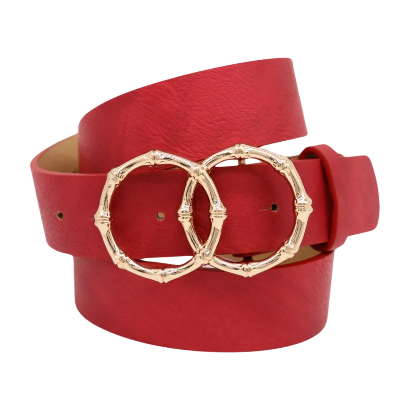 Women Red Faux Leather Fashion Belt Gold Bamboo Circle Metal Buckle M L