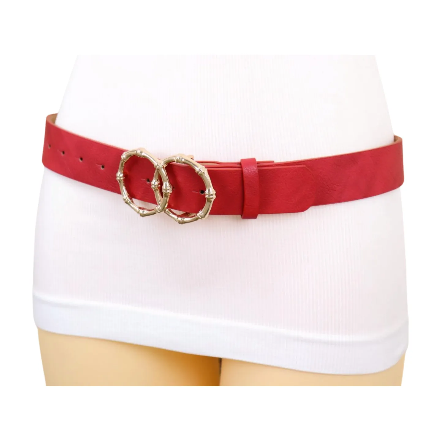 Women Red Faux Leather Fashion Belt Gold Bamboo Circle Metal Buckle M L