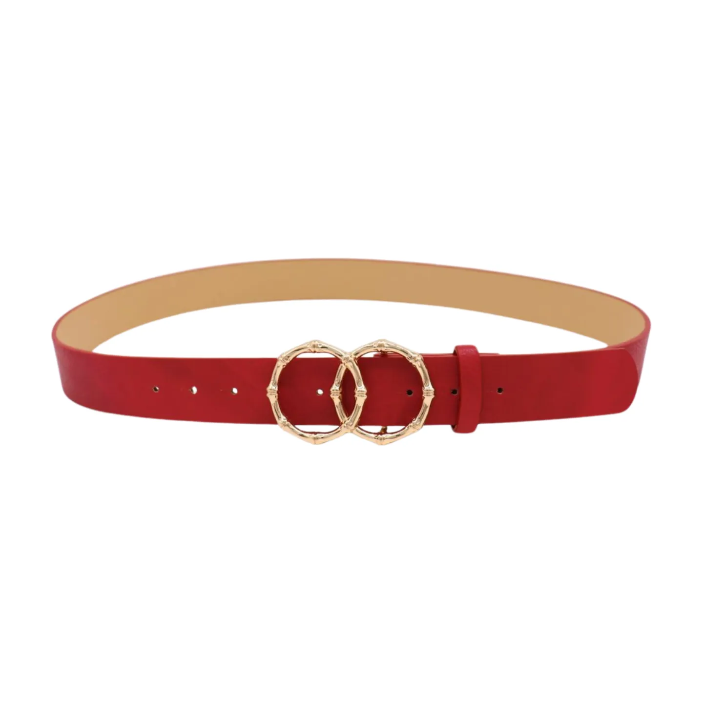 Women Red Faux Leather Fashion Belt Gold Bamboo Circle Metal Buckle M L