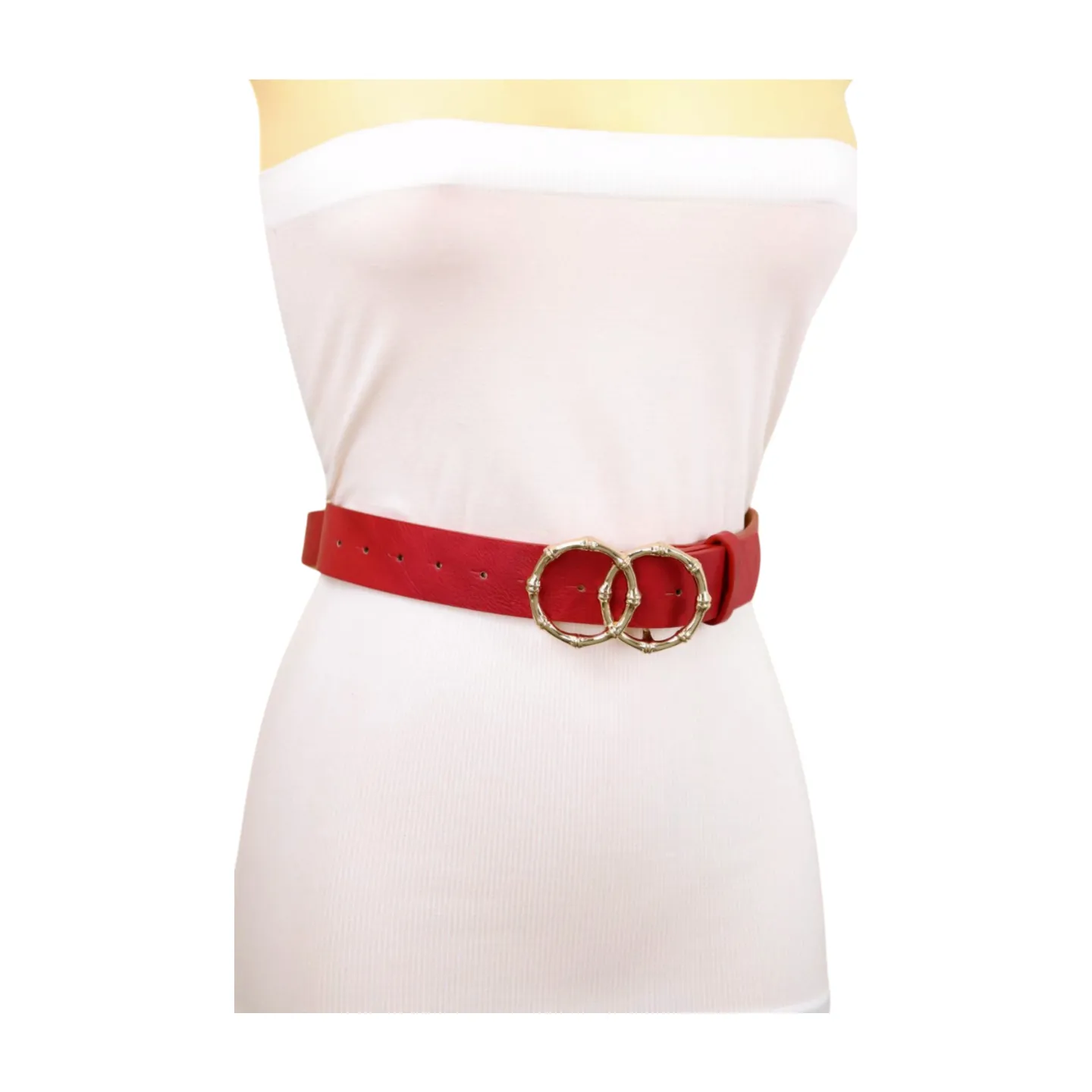 Women Red Faux Leather Fashion Belt Gold Bamboo Circle Metal Buckle M L