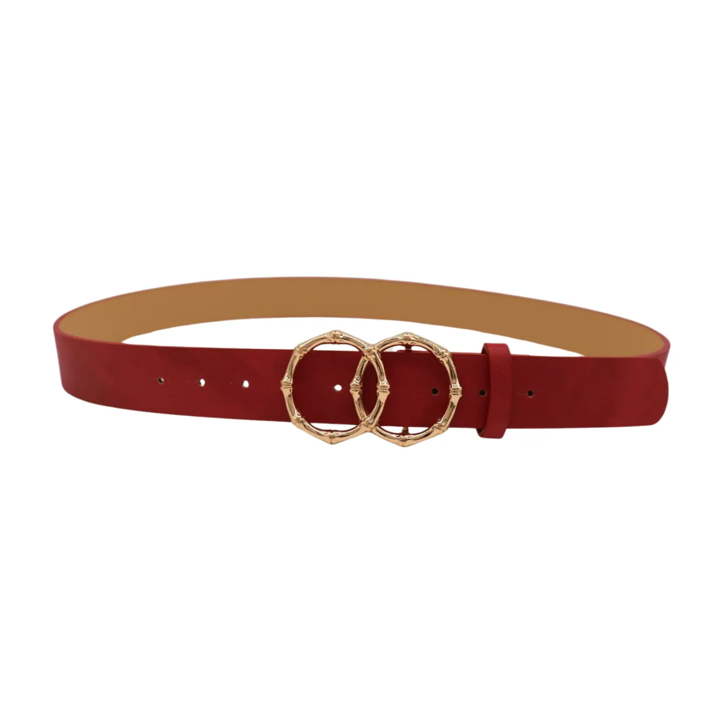 Women Red Faux Leather Fashion Belt Gold Bamboo Circle Metal Buckle M L
