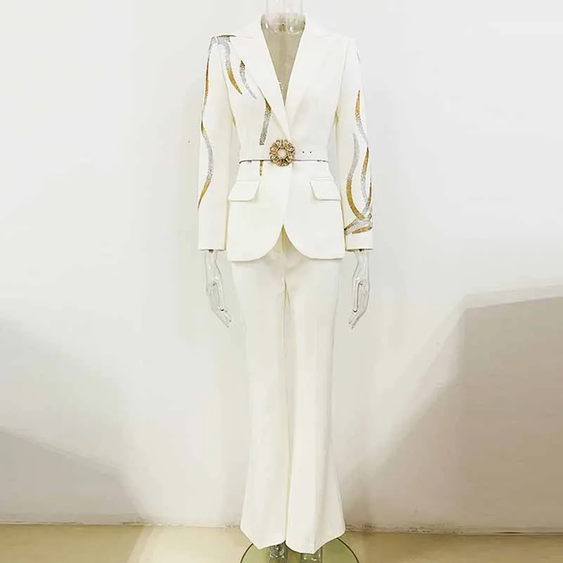 Women Wedding Pantsuits With Belt hot drilling Flare Bottoms Two Pieces Formal Suit