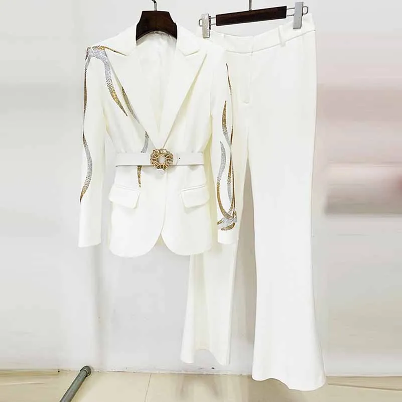 Women Wedding Pantsuits With Belt hot drilling Flare Bottoms Two Pieces Formal Suit