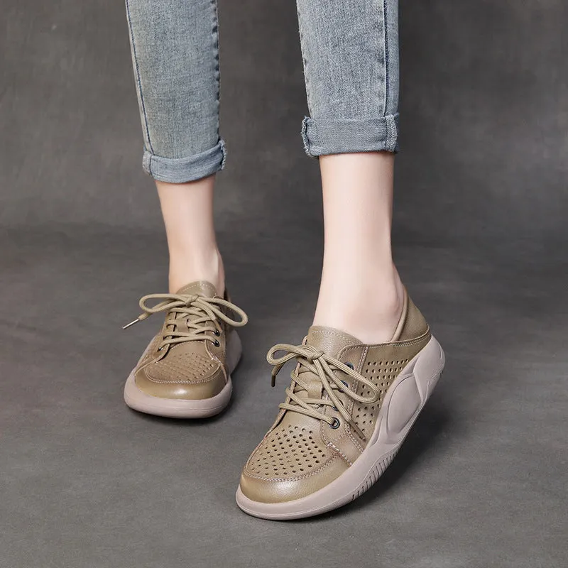 Women's Leather Hollow Lace Up Sports Wind Casual Shoes Breathable Comfortable Shoes