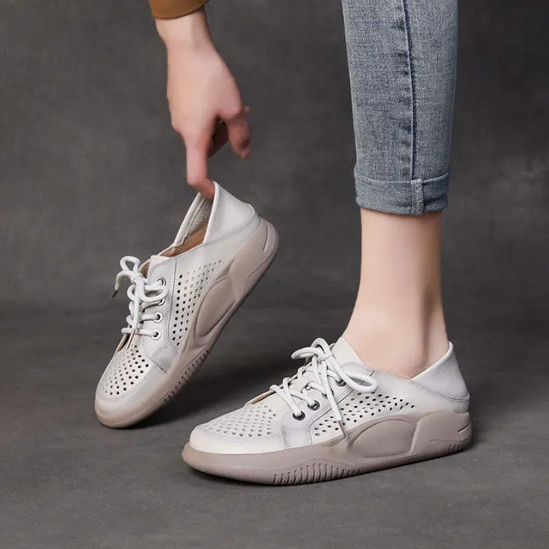 Women's Leather Hollow Lace Up Sports Wind Casual Shoes Breathable Comfortable Shoes