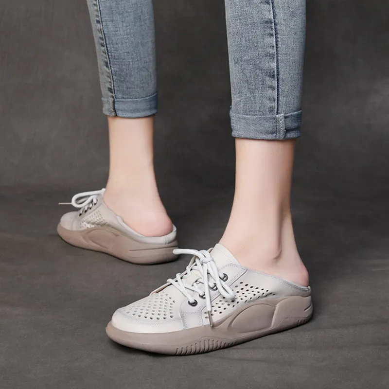 Women's Leather Hollow Lace Up Sports Wind Casual Shoes Breathable Comfortable Shoes