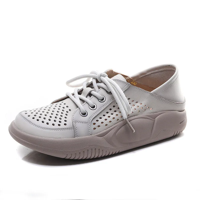 Women's Leather Hollow Lace Up Sports Wind Casual Shoes Breathable Comfortable Shoes