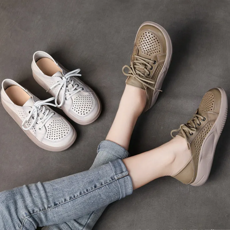 Women's Leather Hollow Lace Up Sports Wind Casual Shoes Breathable Comfortable Shoes
