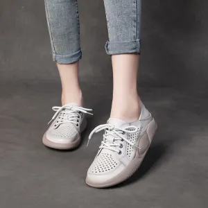 Women's Leather Hollow Lace Up Sports Wind Casual Shoes Breathable Comfortable Shoes