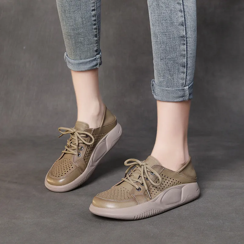 Women's Leather Hollow Lace Up Sports Wind Casual Shoes Breathable Comfortable Shoes