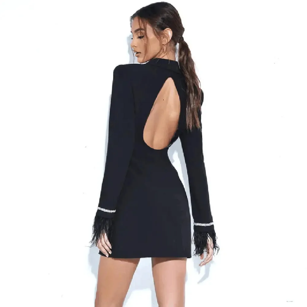 Womens Slim Fit Backless Business Suit Dress - Feather Double Breasted All-match