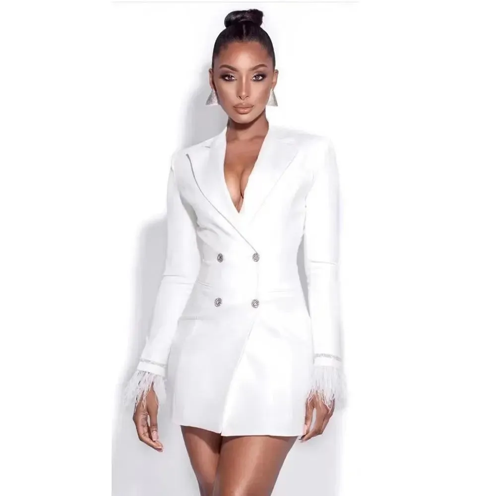 Womens Slim Fit Backless Business Suit Dress - Feather Double Breasted All-match