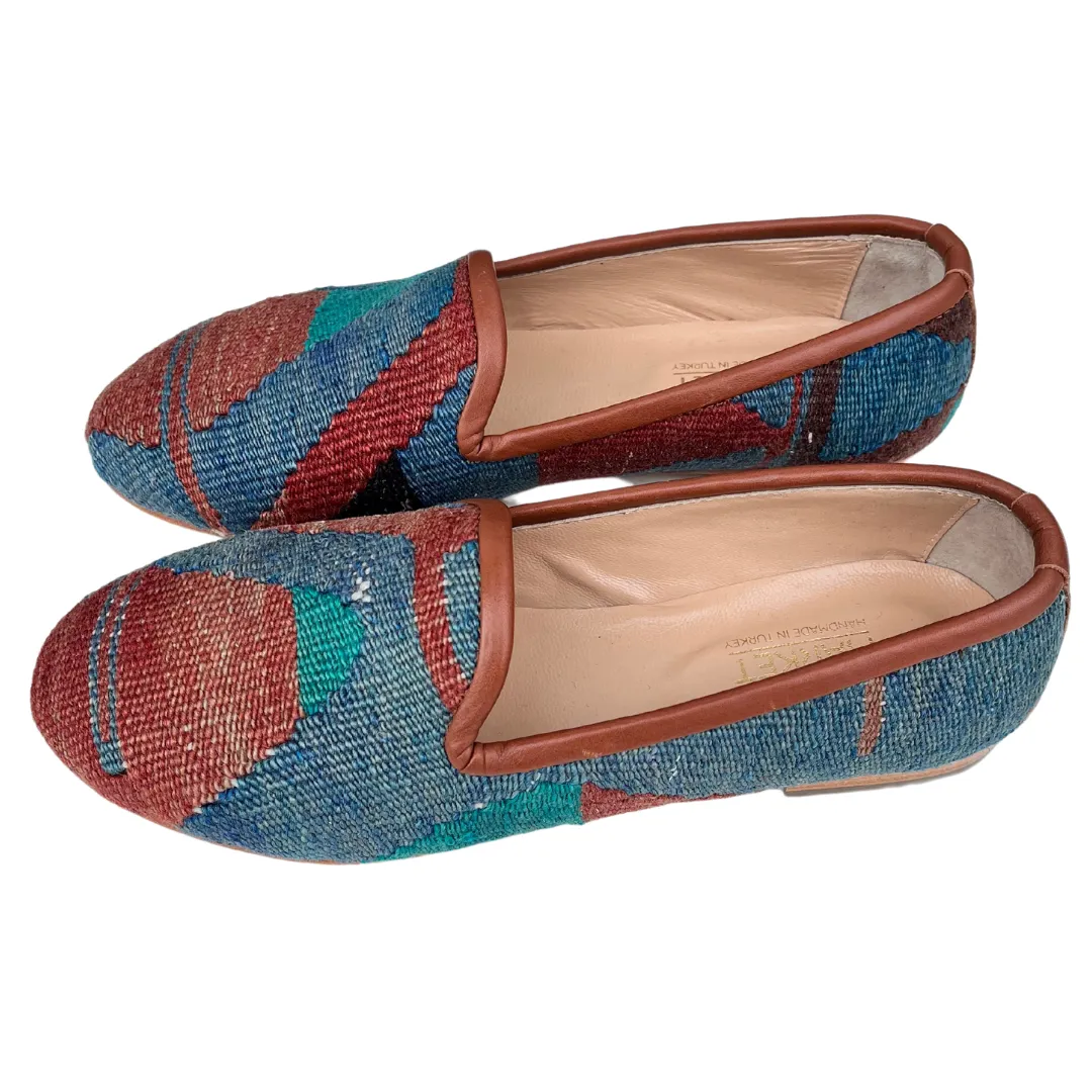 Women's Turkish Kilim Loafer Muted Blue with Red