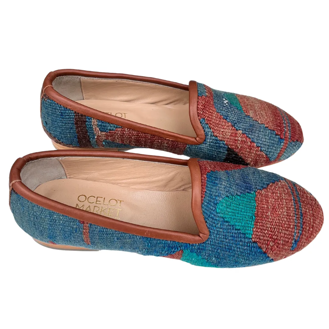 Women's Turkish Kilim Loafer Muted Blue with Red