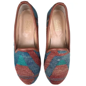 Women's Turkish Kilim Loafer Muted Blue with Red