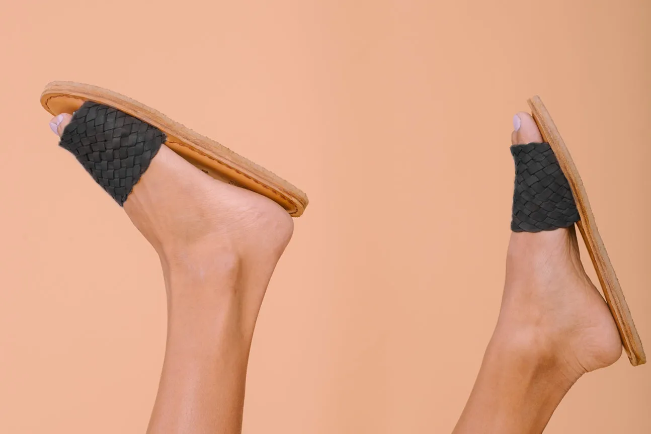 Woven Leather Sandals in Charcoal