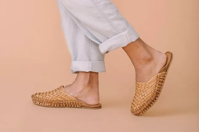Woven Leather Slides in Honey