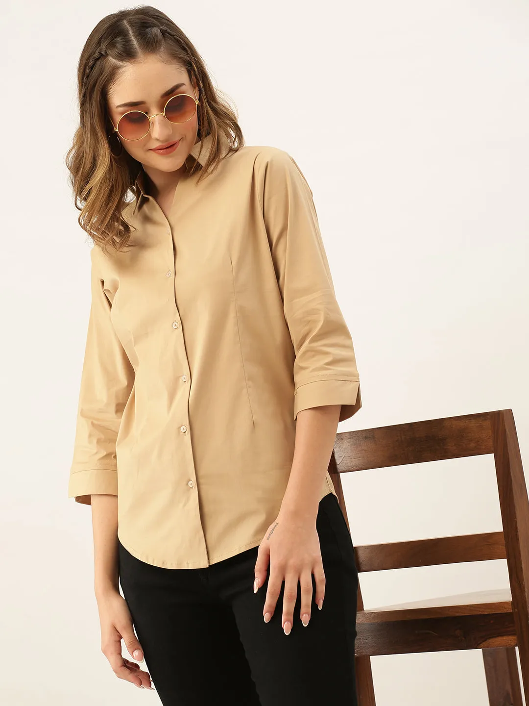 Zola Fawn Cotton Shirt Collar 3/4th Sleeves Formal Wear Shirt For Women