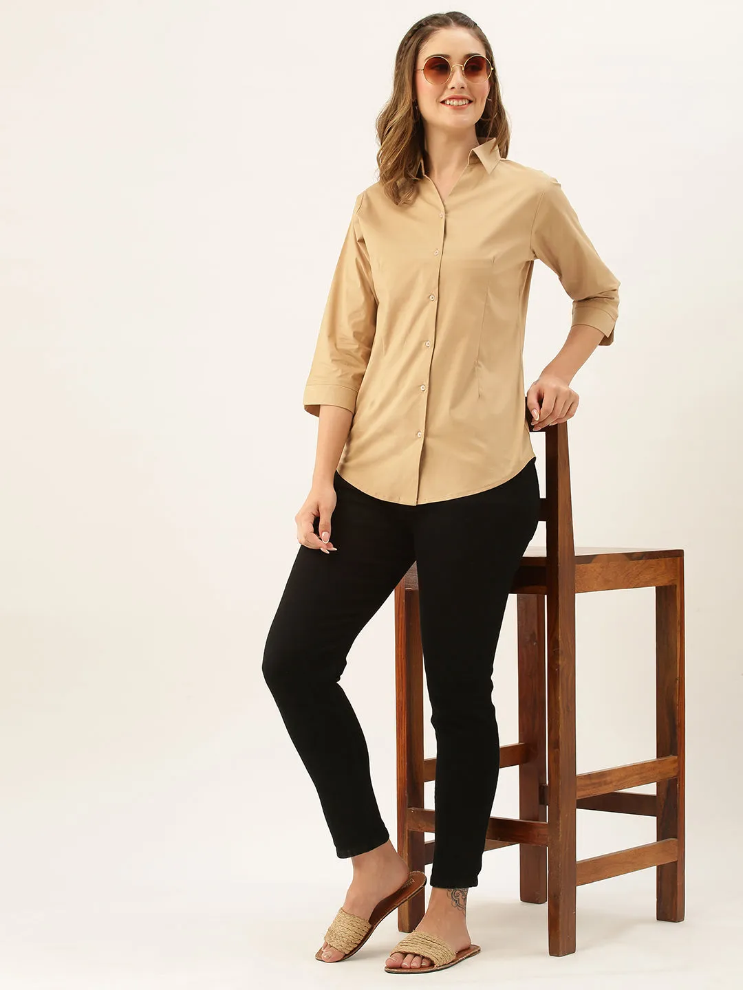 Zola Fawn Cotton Shirt Collar 3/4th Sleeves Formal Wear Shirt For Women