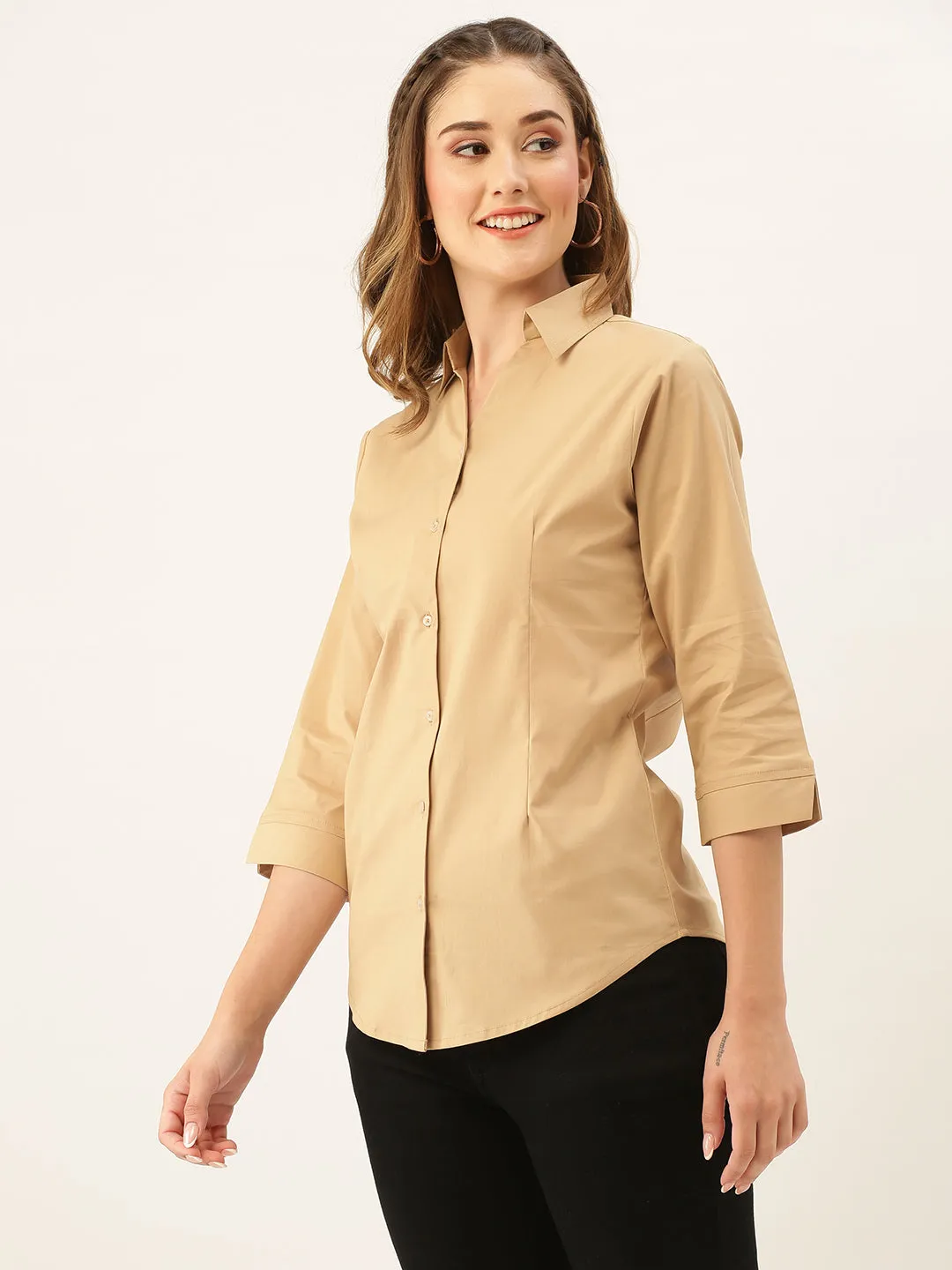 Zola Fawn Cotton Shirt Collar 3/4th Sleeves Formal Wear Shirt For Women