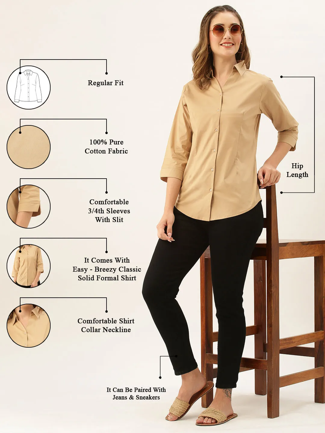 Zola Fawn Cotton Shirt Collar 3/4th Sleeves Formal Wear Shirt For Women