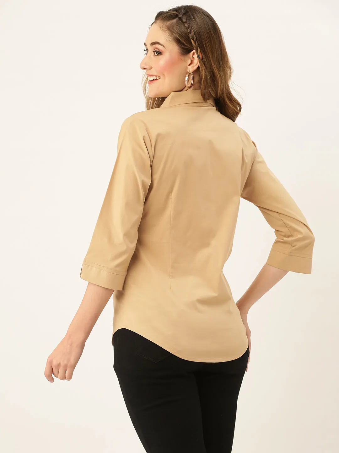 Zola Fawn Cotton Shirt Collar 3/4th Sleeves Formal Wear Shirt For Women