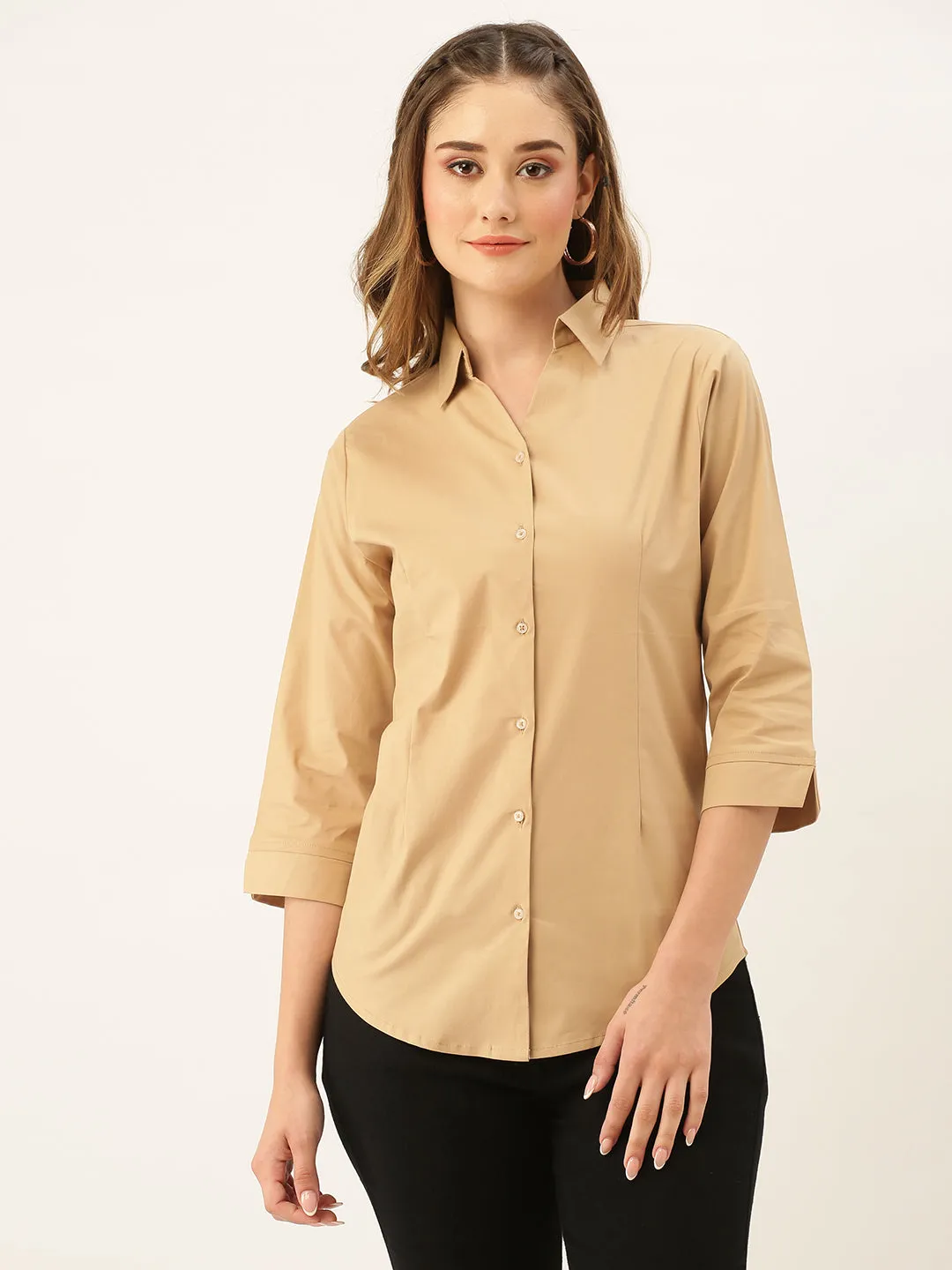 Zola Fawn Cotton Shirt Collar 3/4th Sleeves Formal Wear Shirt For Women
